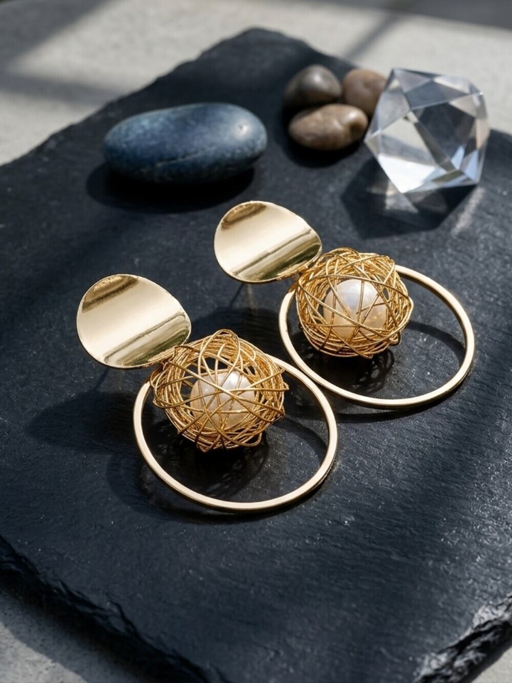 Gold Statement Earrings Wire Nest Ball Faux Pearl Geometric Circle Drop 2" - Picture 5 of 16